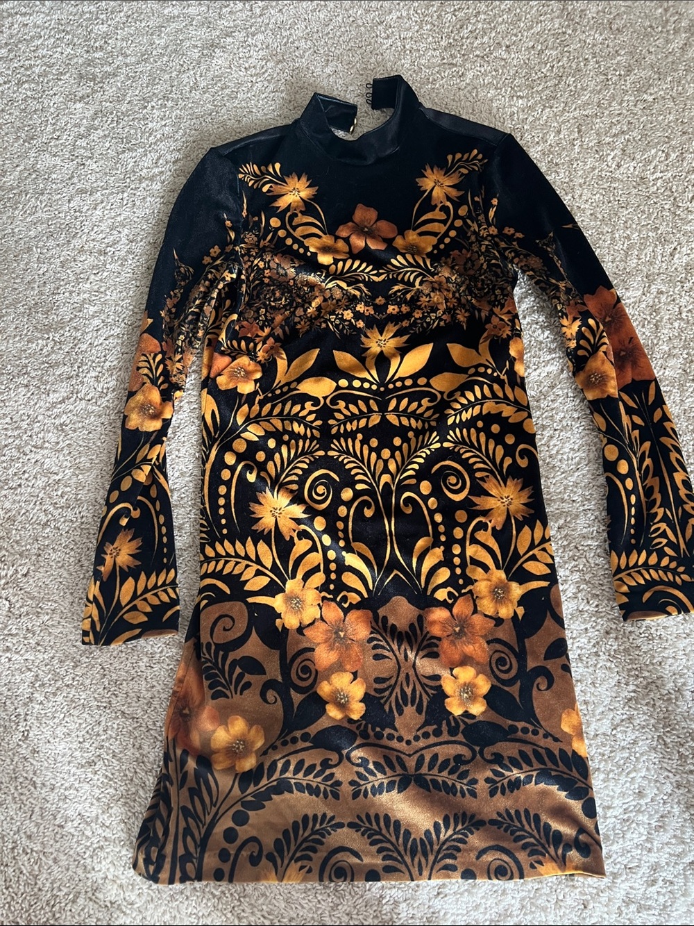 Anthropologie Black Velvet Long Sleeve Dress with Gold Floral Print